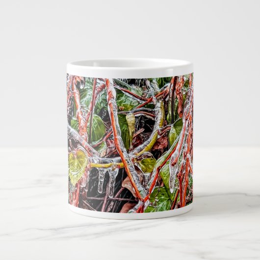 グリーンアイビーつる植物に氷結する雨 ジャンボコーヒーマグカップ (正面)