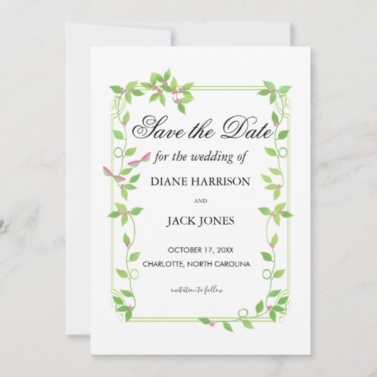 グリーンアイビーにピンクの花芽 ウェディング セーブ・ザ・デート 招待状 (正面)