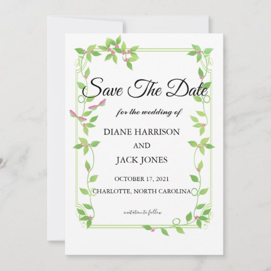 グリーンアイビーにピンクの蕾 ウェディング セーブ・ザ・デート カード (正面)