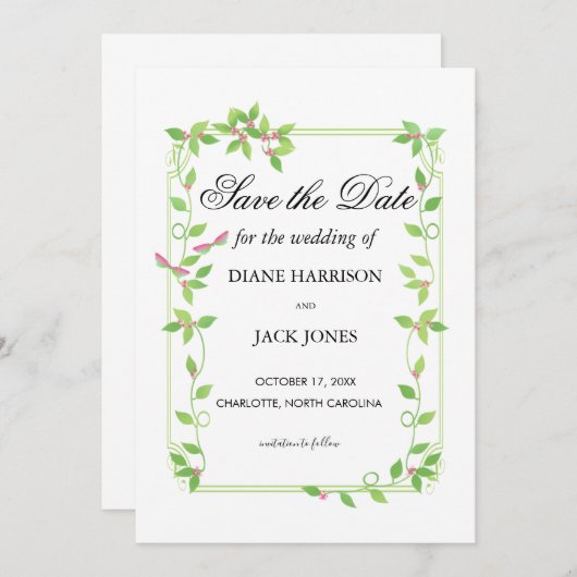 グリーンアイビーにピンクの蕾 ウェディング セーブ・ザ・デート 招待状 (正面/裏面)