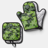 グリーンアイビーボタニカルプリント 鍋つかみ&鍋敷きセット (正面/裏面)