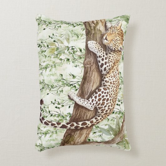 グリーンアイビー抽象芸術ジャングルヒョウin tree アクセントクッション (正面(垂直))