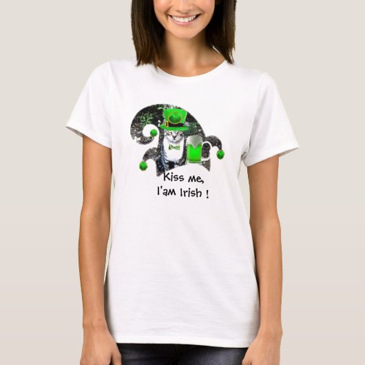 グリーンアイリッシュビールとST PATRICK'S DAY CAT,小妖精や小人帽子 Tシャツ (正面)