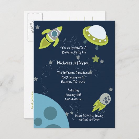 グリーンアウター空間UFO誕生日招待状はがき インビテーションポストカード (正面/裏面)