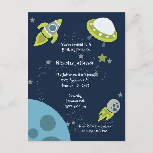 グリーンアウター空間UFO誕生日招待状はがき インビテーションポストカード (正面)