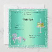 グリーンアクアユニコーンハッピー バースデーパーティー 招待状 (裏面)