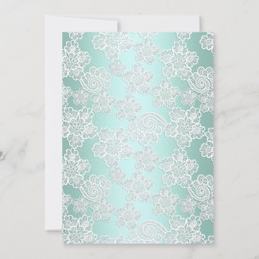 グリーンアクアレース詳細ホワイトストーク赤ちゃんシャワー 招待状 (裏面)