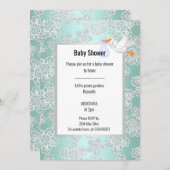 グリーンアクアレース詳細ホワイトストーク赤ちゃんシャワー 招待状 (正面/裏面)