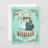 グリーンアクア日付を保存 – MIのマップ素敵な鳥と 案内ポストカード (正面/裏面)