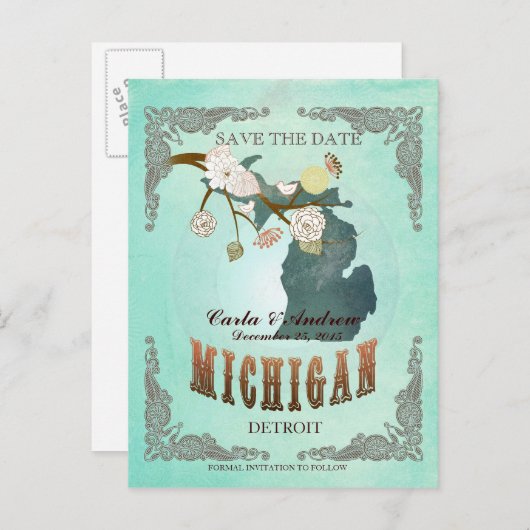 グリーンアクア日付を保存 – MIのマップ素敵な鳥と 案内ポストカード (正面/裏面)