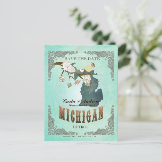 グリーンアクア日付を保存 – MIのマップ素敵な鳥と 案内ポストカード (スタンド正面)