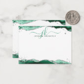 グリーンアゲテゲードスクリプトモノグラムシルバーグリッター ノートカード (正面/裏面インサイチュ)