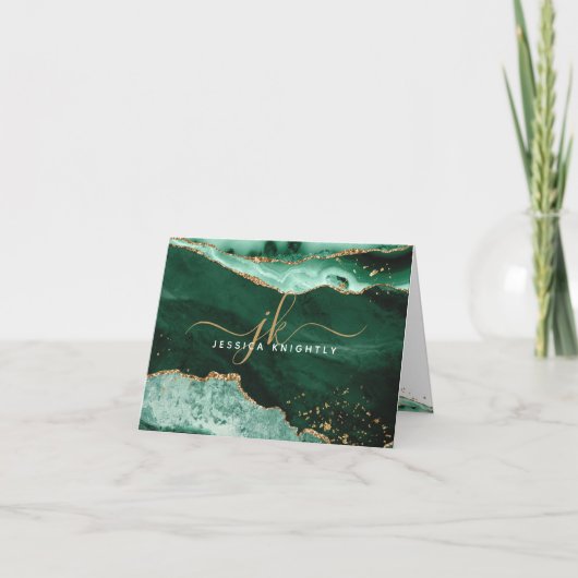 グリーンアゲテゲード金ゴールドグリッターモノグラムスクリプト ノートカード (正面)