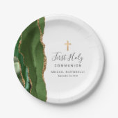 グリーンアゲート金ゴールドグリッターファーストホーリーコミュニオン ペーパープレート (正面)