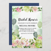 グリーンアジアンピンクフローラバルーンブライダルシャワー 招待状 (正面/裏面)