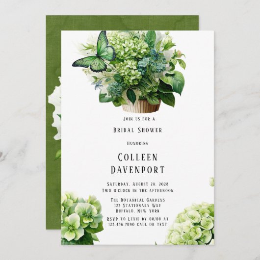 グリーンアジランゲアバタフライカップケーキブライダルシャワー 招待状 (正面/裏面)