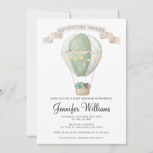 グリーンアフリカ系アメリカ人の熱気球のベビーシャワー 招待状 (正面)