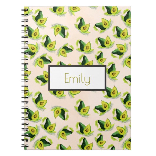 グリーンアボカドス水彩模様パーソナライズされた ノートブック (正面)