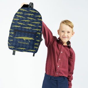 グリーンアリゲーターとネイビーブルーパターン（の模様が）ある プリントバックパック