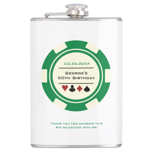 グリーンアンドオフホワイトカジノトランプのポーカーチップ誕生日 フラスク (正面)