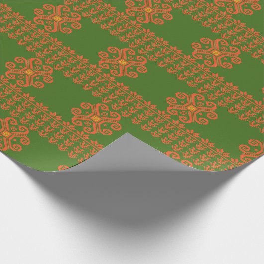 グリーンアンドオレンジリトアニアフォークアートパターン ラッピングペーパー (角)