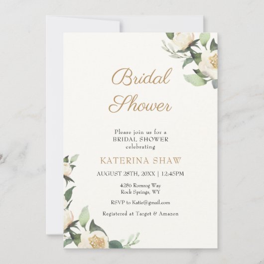 グリーンアンドクリームミニマルフローラブライダルシャワー 招待状 (正面)