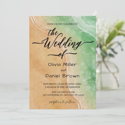 グリーンアンドサンドウォーターカラーショアビーチ結婚式 招待状 (スタンド正面)