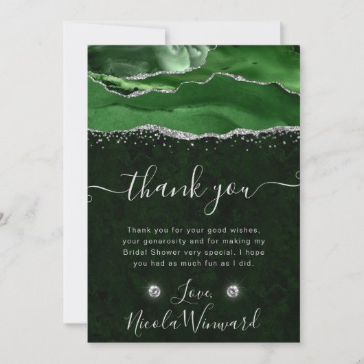 グリーンアンドシルバーグリッターアゲートブライダルシャワー サンキューカード (正面)