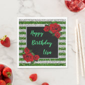 グリーンアンドシルバーストライプグリッターレッドローゼス誕生日 スタンダードランチョンナプキン (インサイチュ)