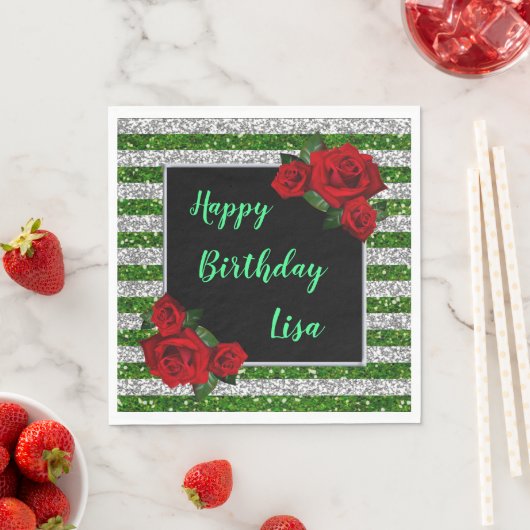 グリーンアンドシルバーストライプグリッターレッドローゼス誕生日 スタンダードランチョンナプキン (インサイチュ)