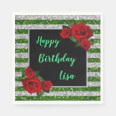 グリーンアンドシルバーストライプグリッターレッドローゼス誕生日 スタンダードランチョンナプキン (正面)
