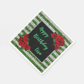 グリーンアンドシルバーストライプグリッターレッドローゼス誕生日 スタンダードランチョンナプキン (角)