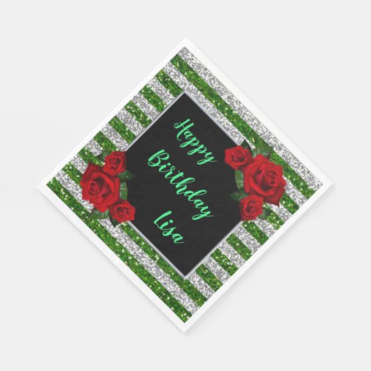 グリーンアンドシルバーストライプグリッターレッドローゼス誕生日 スタンダードランチョンナプキン (角)