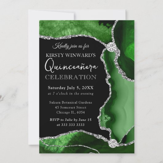 グリーンアンドシルバーフェイクグリッターアゲートキンセアニェラ 招待状 (正面)