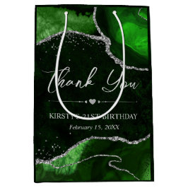 グリーンアンドシルバーフェイクグリッターアゲート誕生日 ミディアムペーパーバッグ