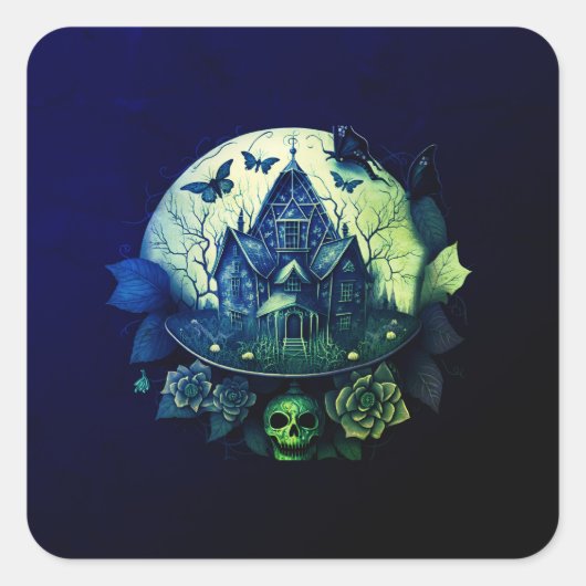 グリーンアンドパープルゴシックハ幽霊のよく出るウス スクエアシール (正面)