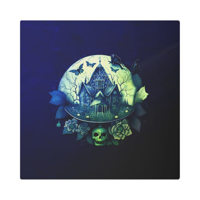 グリーンアンドパープルゴシックハ幽霊のよく出るウス メタルプリント (正面)