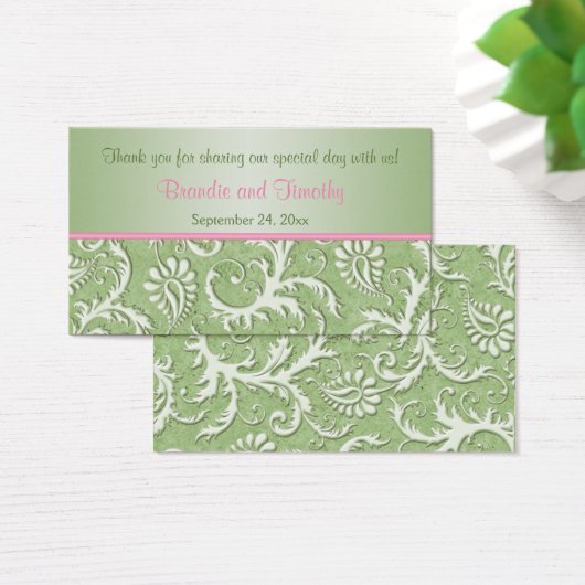 グリーンアンドピンクダマスクウェディングメッセージカード (デスク)