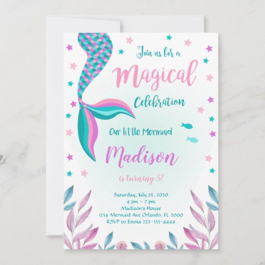 グリーンアンドピンクマーメイド誕生日招待状 招待状 (正面)