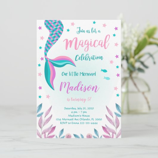 グリーンアンドピンクマーメイド誕生日招待状 招待状 (スタンド正面)