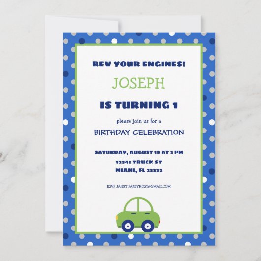 グリーンアンドブルーカー子供の誕生日パーティの招待状 招待状 (正面)