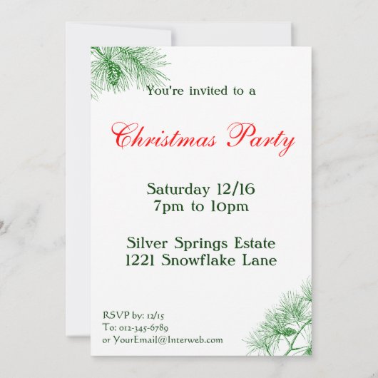 グリーンアンドブルーパインカスタムクリスマス招待状 招待状 (裏面)