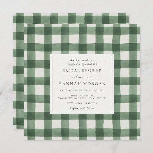 グリーンアンドホワイトバッファロープレイドブライダルシャワー 招待状 (正面/裏面)