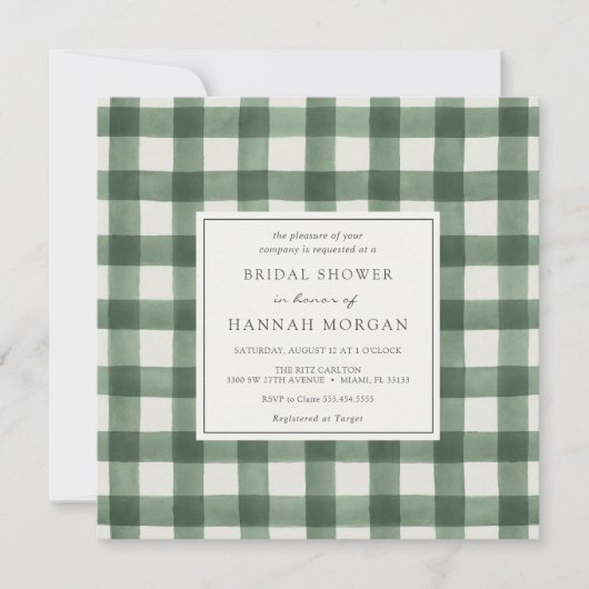 グリーンアンドホワイトバッファロープレイドブライダルシャワー 招待状 (正面)
