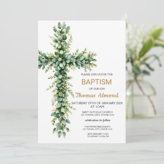 グリーンアンドユーカリプットボーイズ金ゴールドバプテスマ招待状 招待状 (スタンド正面)