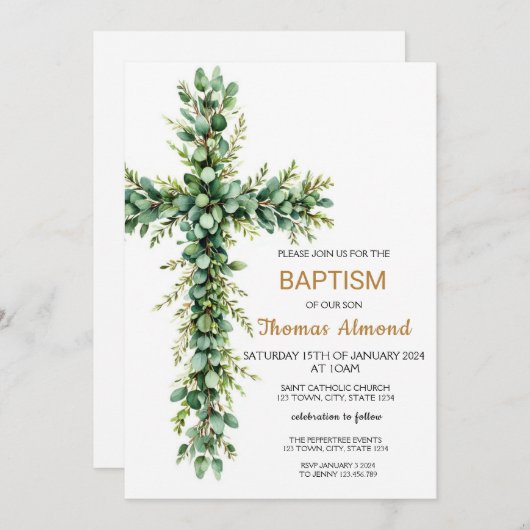 グリーンアンドユーカリプットボーイズ金ゴールドバプテスマ招待状 招待状 (正面/裏面)