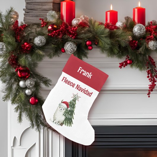 グリーンアンドレッドアルパカフリースNavidad スモールクリスマスストッキング
