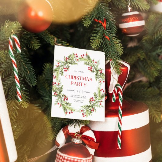 グリーンアンドレッドフローラリースクリスマス招待状 招待状