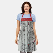 グリーンアンドレッドメリークリスマス（鳥）ショウジョウコウカンチョウバード樺の木 エプロン (着用した状態)