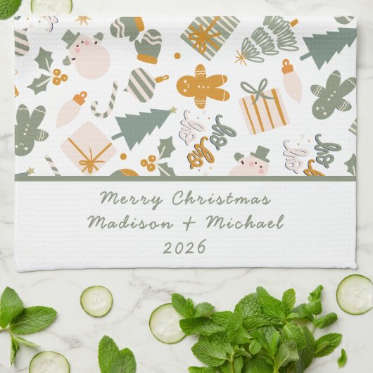 グリーンアンド金ゴールドクリスマスホリデーパーティー キッチンタオル (折り畳み)